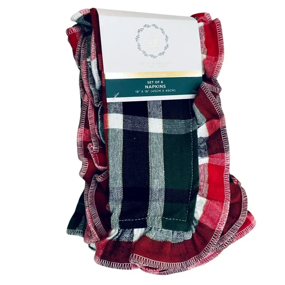RACHEL ASHWELL Farmhouse Set 6 Christmas Plaid Cloth Napkins Red Green Gold NWT